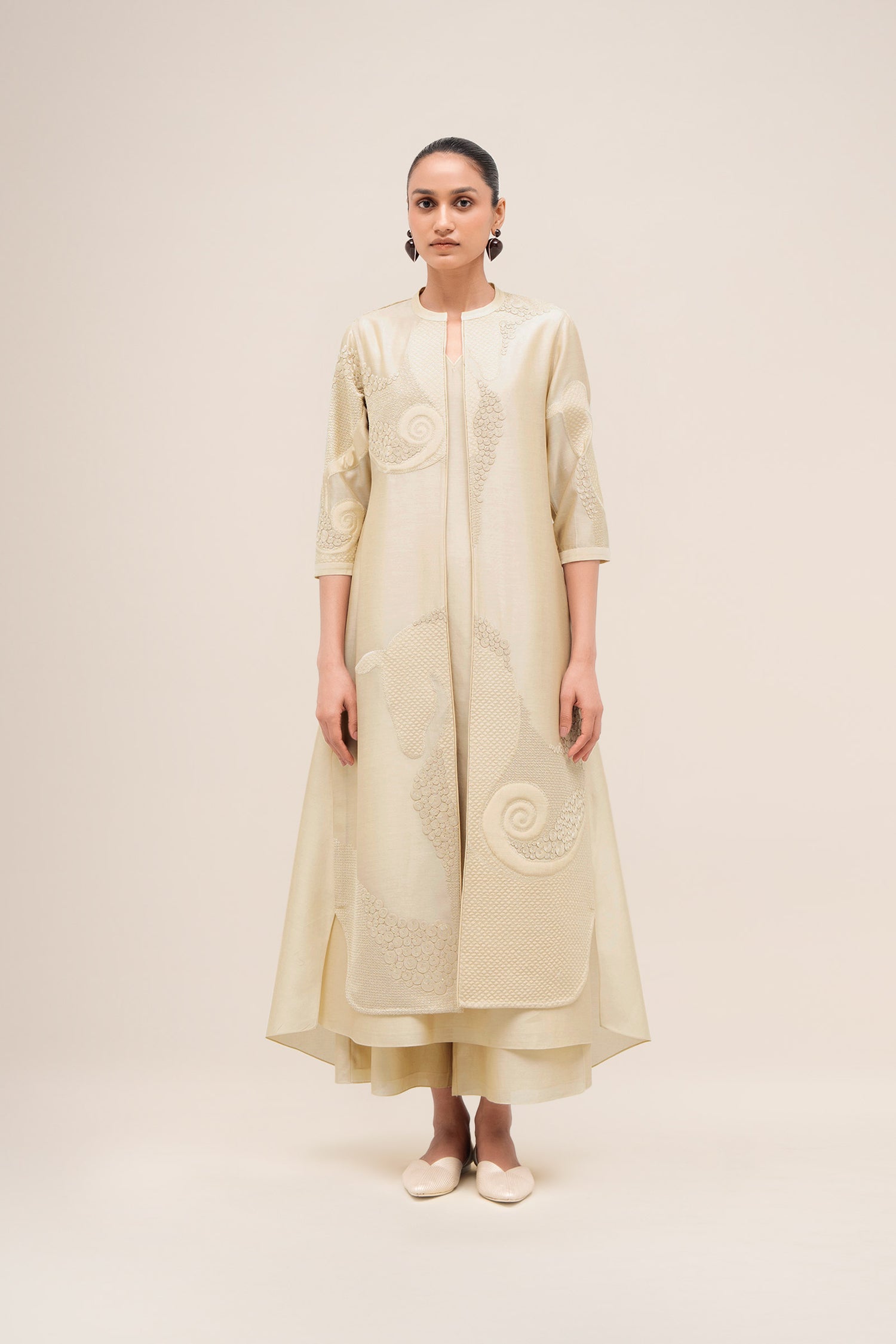  Chanderi Rida Jacket Set – Beige