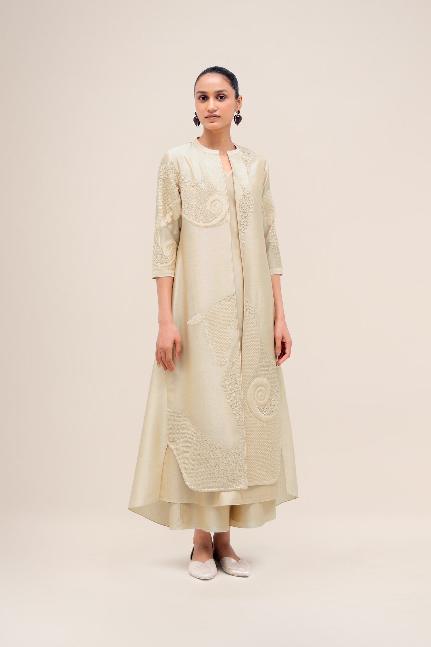  Chanderi Rida Jacket Set – Beige