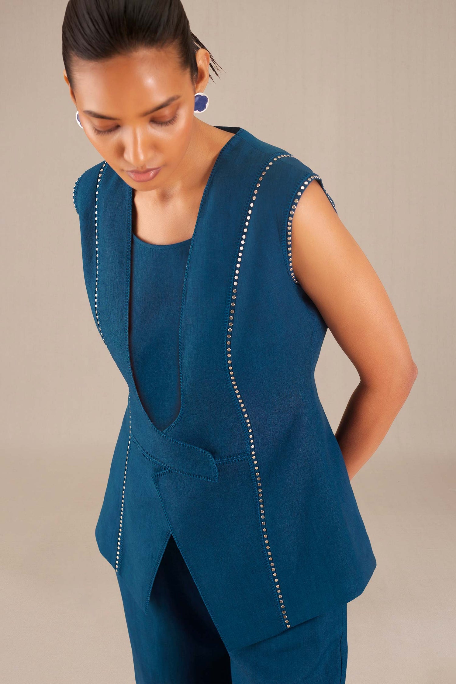  Linen Uzma Waist Coat Set – Blue